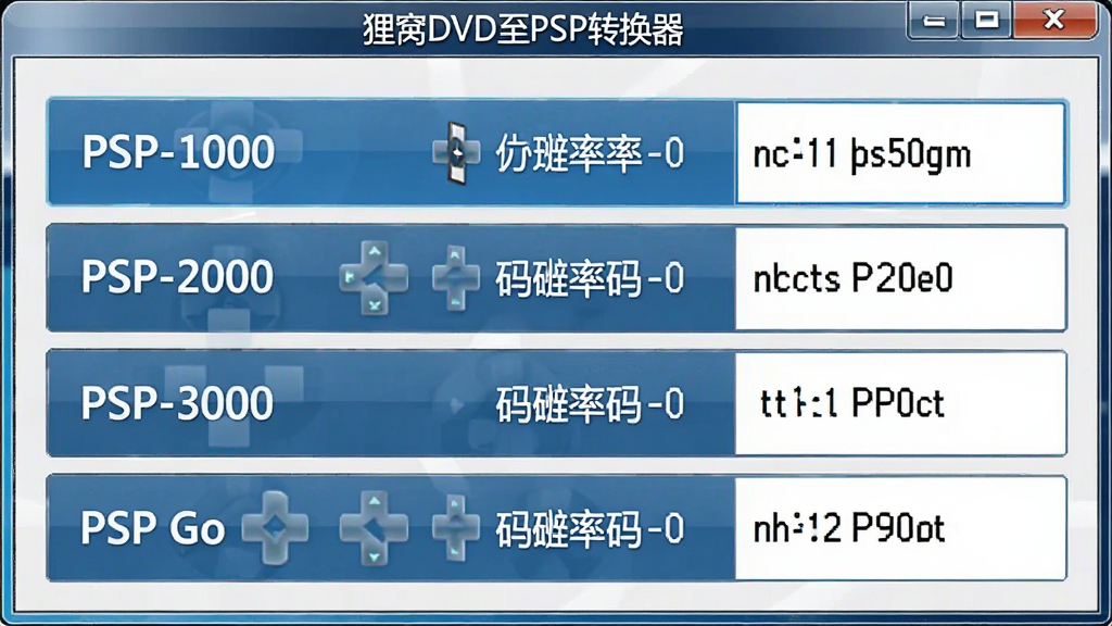 һ��չʾ����DVD��PSPת�����������ý����ͼƬ����������ʾPSP-1000��PSP-2000��PSP-3000��PSP Go���豸�ͺ�ѡ�ÿ��ѡ���Ա߱�ע��Ӧ�ķֱ��ʺ����ʲ������������ơ�����DVD��PSPת��������ʾ�ڽ��涥���������רҵ���Ű������������������޶���Ԫ��