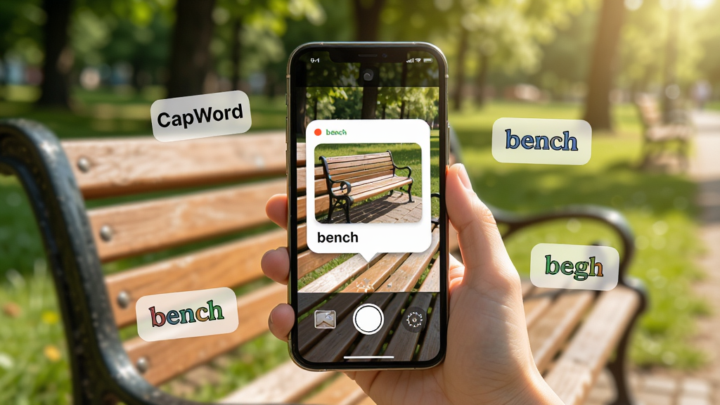 һ��չʾCapWord��AI����ʶ�ʹ��ܵ�����ͼ��������һֻ�������ֻ����Ź�԰��ĳ������գ��ֻ���Ļ����ʾʶ�����bench�����ʿ�Ƭ����Χɢ���ż��������ĵ��ʱ�ǩ��������������Ȼ���������������ĵĹ�԰�����ʸ��壬�ɾ��޶���Ԫ��