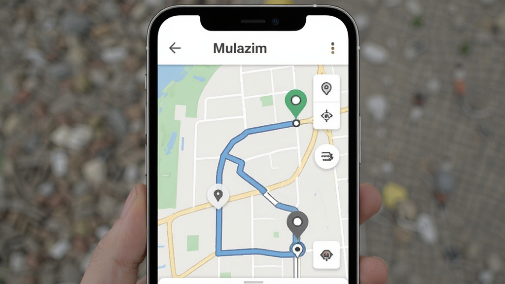 һ��չʾMulazim����APP��ͼ�������ܵ��ֻ���ͼ������Ϊ�ֻ���Ļ����ͼ����Ļ����ʾ��ͼ·�ߺ����͵�λ��ǣ�������Mulazim�������֣�����Ϊǳɫ��ͼ��ͼ�������ֱ�ۣ�ϸ�����������ʸɾ����޶���Ԫ��