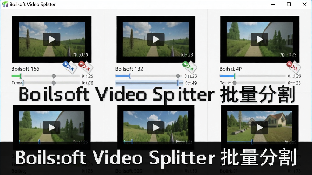 Boilsoft Video Splitter 批量处理功能示意图,主体为软件界面上排列着多个视频文件缩略图,每个缩略图下方有进度条和分割标记,布局为网格状排列,排版整齐有序,风格为扁平化商务风,细节包括文件名称与格式图标,画质清晰,画面干净,无多余元素,图片中文字为 'Boilsoft Video Splitter 批量分割'。