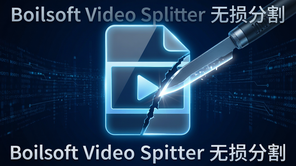 Boilsoft Video Splitter 无损分割技术概念图,主体为一个发光的视频文件图标被一把精密的光束刀精准切割成两段,布局为左右对称,排版突出切割的精准与流畅,风格为抽象科技感,细节包括切割面光滑平整无碎片,背景为深蓝色数据流,画质清晰锐利,干净无多余元素,图片中文字为 'Boilsoft Video Splitter 无损分割'。