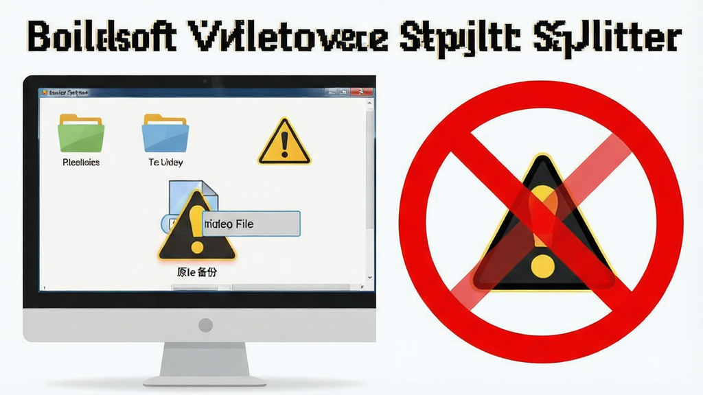 Boilsoft Video Splitter 新手操作示意图,主体为电脑屏幕上显示软件界面,旁边有一个醒目的红色禁止符号覆盖在覆盖原文件的选项上,布局为左右对比,排版突出警示信息,风格为扁平化教学风,细节包括文件夹图标与警告标志,画质清晰,画面干净,无多余元素,图片中文字为 'Boilsoft Video Splitter 注意备份'。