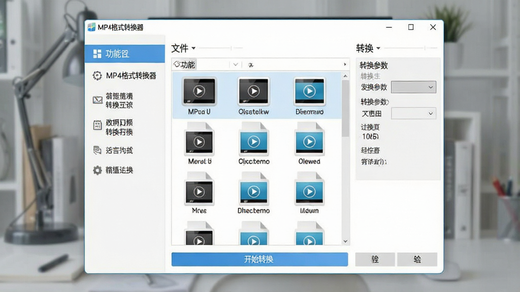 一张展示MP4格式转换器软件界面的图片,主体为软件主窗口位于画面中央,布局采用左右分栏设计,左侧为功能导航栏,右侧为文件列表与转换参数设置区,排版整洁有序,风格为现代简约科技风,细节包括顶部标题栏写着“MP4格式转换器”,底部有开始转换按钮,文件列表中有多个视频文件图标,画质清晰,干净,无多余元素。