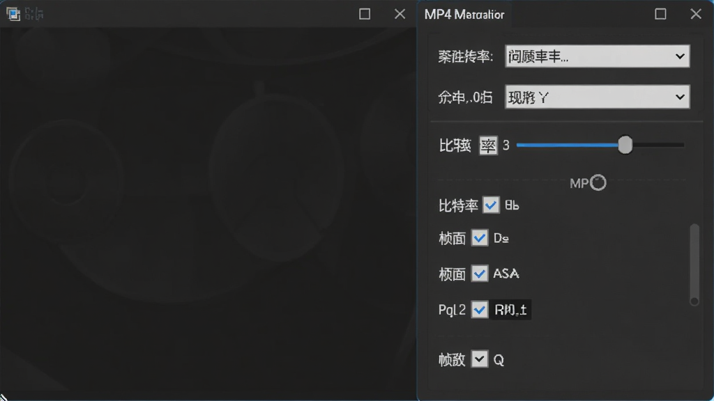 一张展示MP4格式转换器参数设置面板的图片,主体为软件界面中的参数调节区域,布局为面板位于画面右侧,排版为纵向排列的选项列表,风格为专业工具风格,细节包括分辨率下拉框、比特率滑块、帧率选项等控件,背景为深色主题,画质清晰,干净,无多余元素。