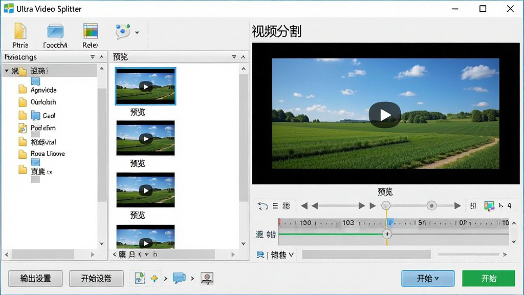 Ultra Video Splitter ��������ȫ��ͼ������Ϊ���������ڣ����־��У����Ϊ�ļ��б������Ҳ�Ϊ��ƵԤ��������ʱ���Ử�飬�ײ�Ϊ��������뿪ʼ��ť���Ű����࣬���Ϊ�ִ�Windows����Ӧ�ã�ϸ�ڰ��������İ�ťͼ�ꡢ����������Ƶ����ͼ�����ʸ��壬����ɾ����޶���Ԫ�أ�ͼƬ�����ֱ�ע��Ultra Video Splitter������Ƶ�ָ��Ԥ����