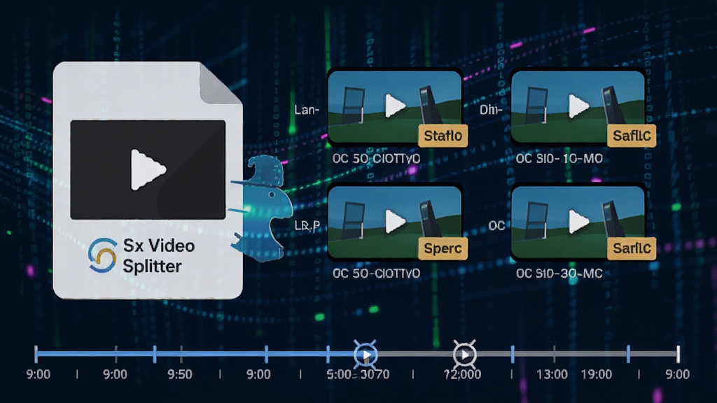 Super Video Splitter 无损分割功能示意图,画面中一个大型视频文件被精准切割成多个等长片段,每个片段旁标注着原始画质标识,背景为科技感数据流,风格为扁平化信息图,细节包含时间轴与切割图标,画质清晰,干净无多余元素