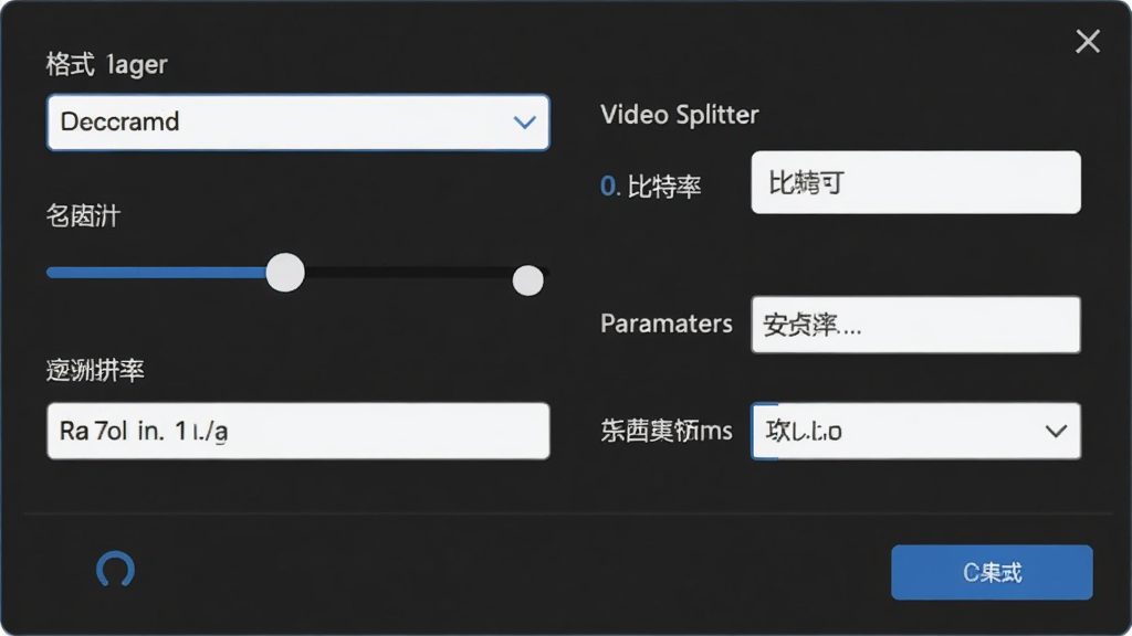 Super Video Splitter 输出参数自定义设置面板,画面中排列着格式选择下拉菜单、分辨率滑块、比特率输入框与音频参数选项,风格为现代设置界面,细节包含参数标签与确认按钮,画质清晰,干净无多余元素