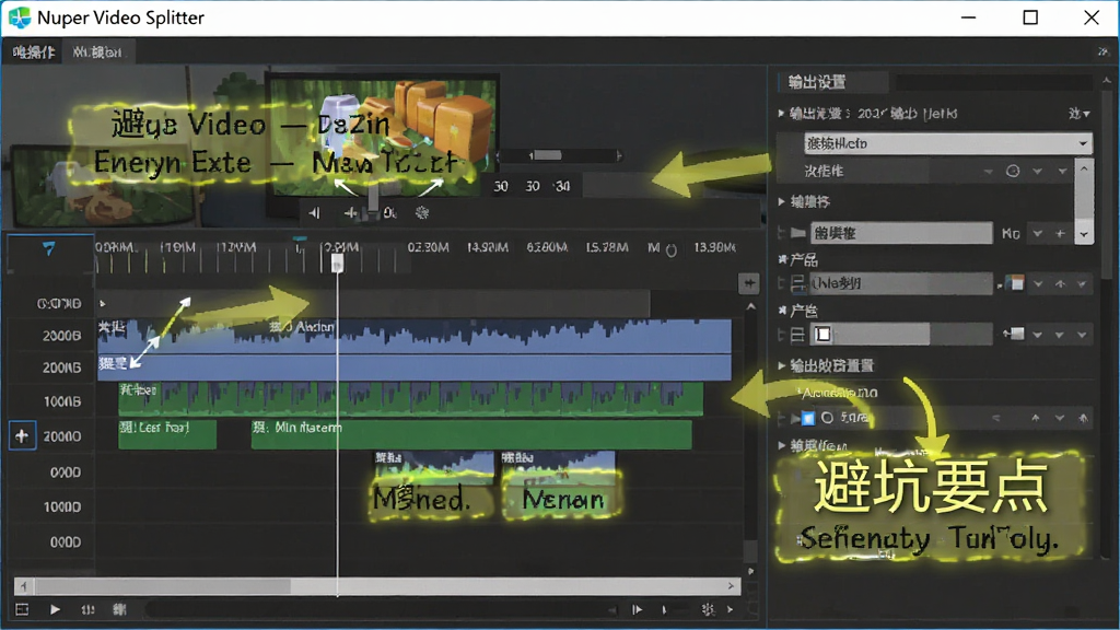 Super Video Splitter 在 Windows 电脑上的操作界面截图,画面展示时间轴分割与输出设置,旁边有提示文字标注避坑要点,风格为教程示意图,细节包含高亮标注与箭头指示,画质清晰,干净无多余元素