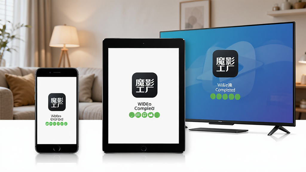 ��������չʾһ�������ֻ���һ̨ƽ����Ժ�һ̨���ܵ��Ӳ��Űڷţ�ÿ̨�豸��Ļ�϶���ʾ��ħӰ������ͼ�����Ƶת�������ʾ������Ϊ��ܰ�ļҾӻ��������дʵ��ϸ�ڷḻ�������������ɾ��޶���Ԫ�أ�ͼƬ�в������κ�����