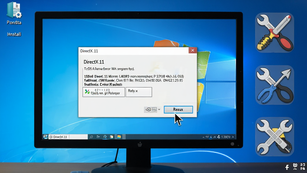 һ��չʾDirectX11��װ�����г�����������������ͼƬ�������ǵ�����Ļ��ʾ���󵯴����Ա߷��õ��޸�����ͼ�꣬����Ϊ���й�ͼ�����Ϊдʵ�칫������ϸ�ڰ�����Ļ�ϵĴ�����롢���ָ��ָ���޸���ť�����汳��ΪWindowsĬ�ϱ�ֽ�����������ɾ��޶���Ԫ�أ�4K�ֱ���