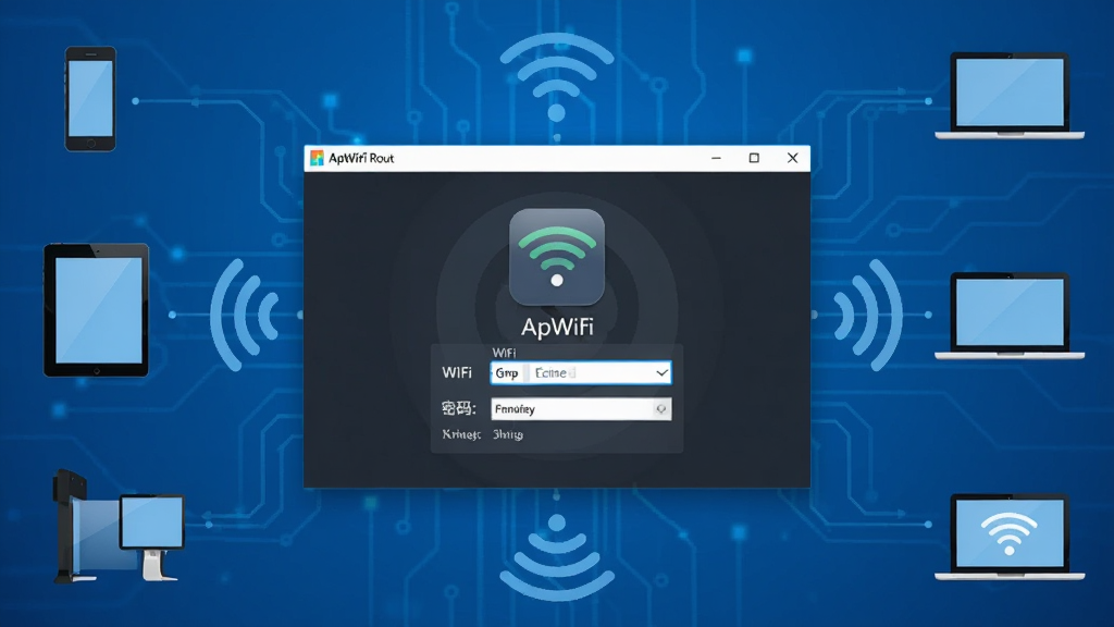 һ��չʾ����·������ApWiFi�������ͼƬ�������������������д��ڣ���ʾ��WiFi���ƺ������������򣬱����Ǽ�����ɫ�Ƽ������Χ�������ֻ���ƽ�塢�ʼǱ����Ե��豸����WiFi��ͼ�꣬�����������ˣ��Ű���þ��жԳ�ʽ�����Ϊ�ִ���Լ�Ƽ��磬ϸ����ͻ������ͼ��������źŲ��ƣ������������ɾ����޶���Ԫ�ء�