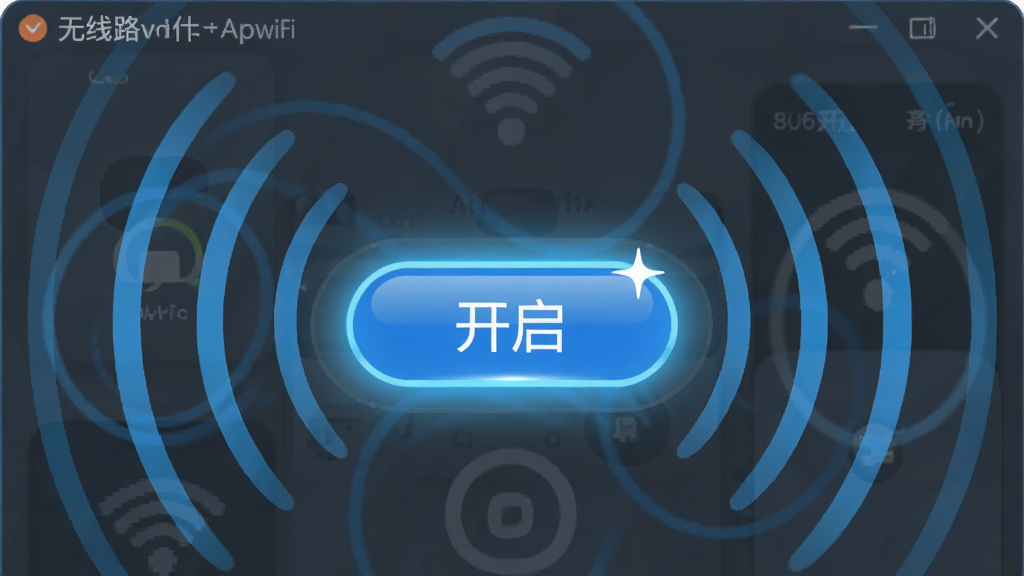 һ������·������ApWiFi�����ȵ�˲���ʾ��ͼ�����������������ϵġ���������ť�������������ϰ�ťλ�ڻ����Ӿ����ģ���Χ�������źŷ���Ĳ���������ɢ���Ű�Ϊ����״��ͼ�����Ϊ��ƽ���廭�磬ϸ�ڰ�����ť�ϵĸ߹�Ч���Ͳ��ƵĶ�̬�У������������ɾ����޶���Ԫ�ء�