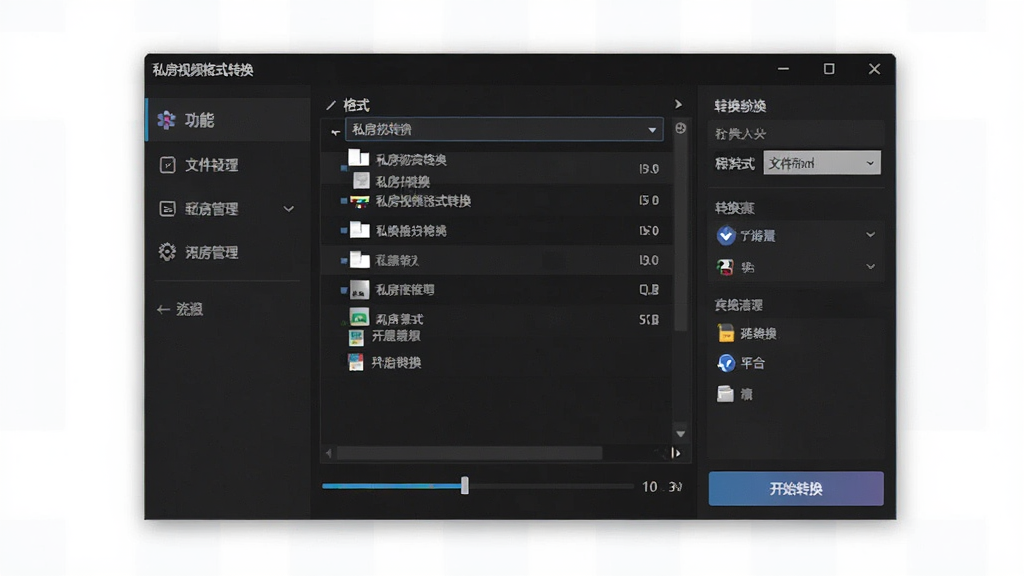 私房视频格式转换软件主界面截图,画面中央是软件窗口,左侧为功能导航栏,右侧为文件列表和转换参数设置区,界面采用深色主题,顶部有软件名称私房视频格式转换字样,整体布局干净整洁,风格为现代简约科技感,细节包括格式下拉菜单、进度条和开始转换按钮,画质清晰,无多余元素