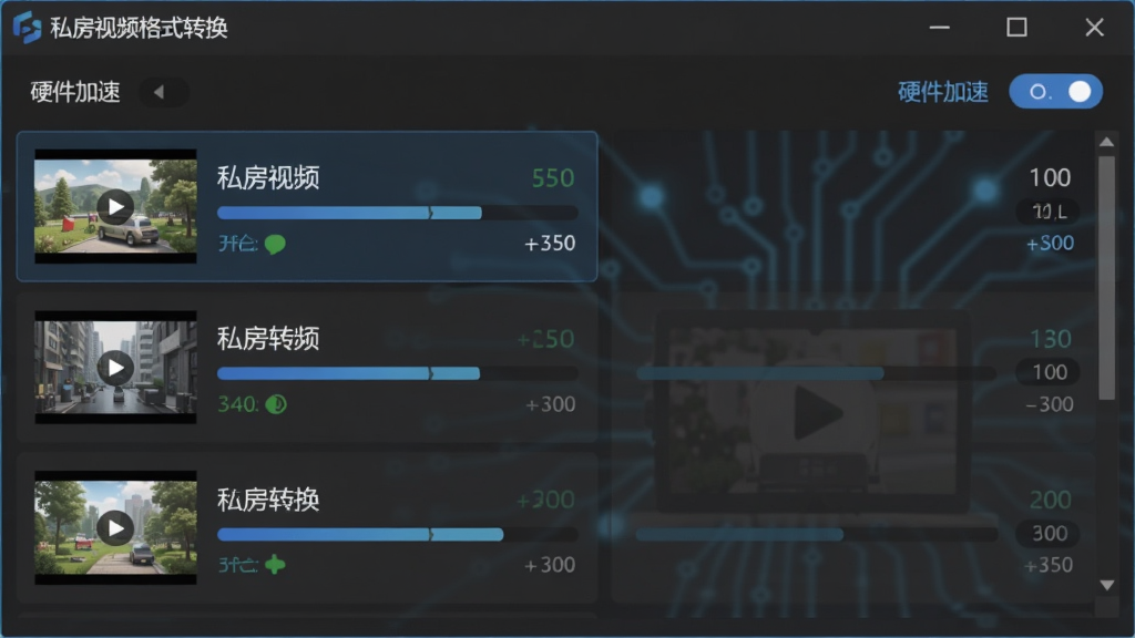 私房视频格式转换批量转换高速处理示意图,画面展示软件界面中同时列出多个视频文件,每个文件旁有进度条和状态标识,主色调为深灰与蓝色,风格为商务科技感,细节包括硬件加速开关处于开启状态,软件名称私房视频格式转换显示在标题栏,画质清晰,无多余元素