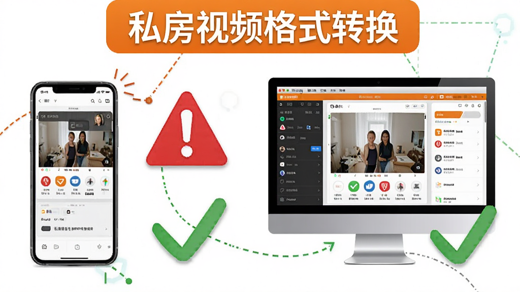私房视频格式转换新手操作避坑示意图,画面以手机和电脑双端展示软件界面,旁边有红色警告图标和绿色对勾图标分别对应错误与正确操作,风格为信息图表风,主色调为白色与橙色,细节包括软件名称私房视频格式转换出现在画面顶部,画质清晰,无多余元素