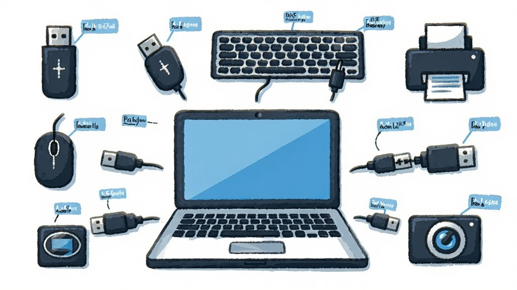һ��AI���ɵĿƼ����廭������������һ̨�ʼǱ����ԣ���Χ�����Ŷ��USB�豸ͼ�꣬����U�̡���ꡢ���̡���ӡ��������ͷ��ÿ���豸ͼ���Ա���ϸС����Ϣ��ǩ�������Ե���Ϊ���ĳʷ���״���У����Ϊ��ƽ���Ƽ��廭��ϸ�ڰ����豸������������ǩ���ּ�࣬���ʸ��壬�ɾ��޶���Ԫ��