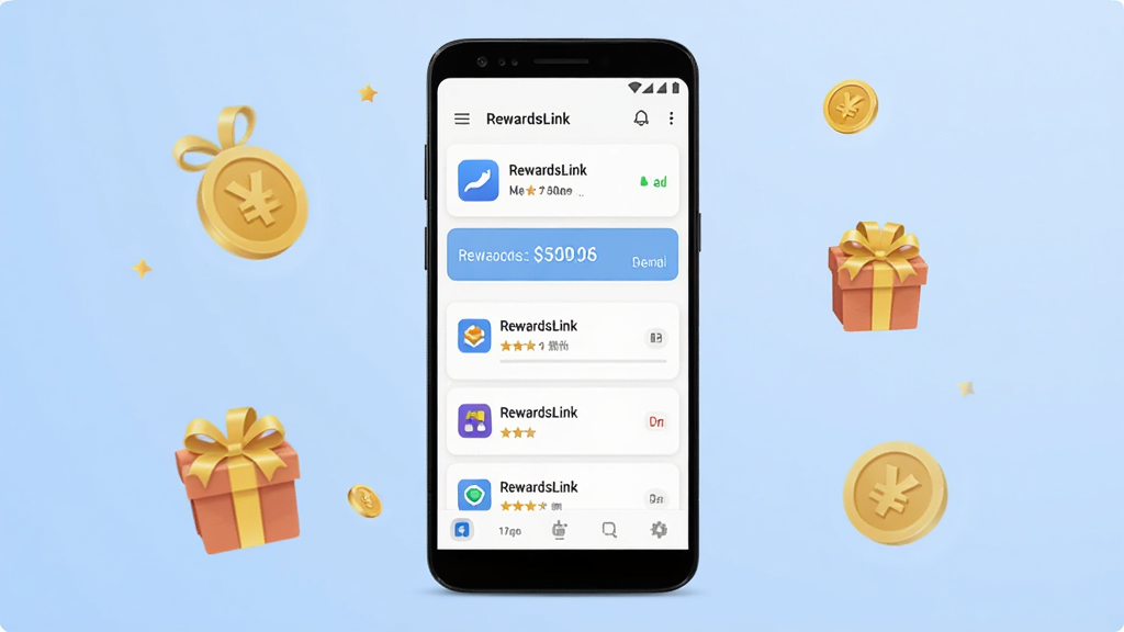 RewardsLinkӦ��������չʾ�������������һ����׿�ֻ����ֻ���Ļ��ʾRewardsLink�����б������������Ϊǳ��ɫ���䣬��ΧƯ����������ͼ�꣬���������ִ����Ű���У�ϸ�����������ʸɾ��޶���Ԫ��