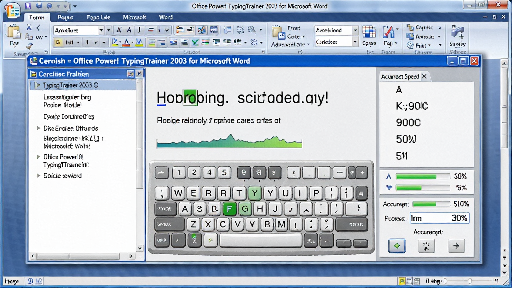 һ��չʾ Office Power! TypingTrainer 2003 for Microsoft Word ���������ͼƬ�������ǵ�����Ļ�ϴ򿪵� Microsoft Word ���ڣ�������Ƕ�д���ѵ����壬�������ʾ��Ӣ�Ĵ��ֿγ̺ͼ���ָ��ͼʾ������Ϊ���й�ͼ������ǿγ��б����Ҳ�����ϰ�����ʵʱ�ٶ�ͳ�ƣ��Ű��������������Ϊдʵ�Ƽ��磬ϸ�ڰ������̰�����������������׼ȷ�ʰٷֱ����֣����ʸ��壬�ɾ����޶���Ԫ�ء�