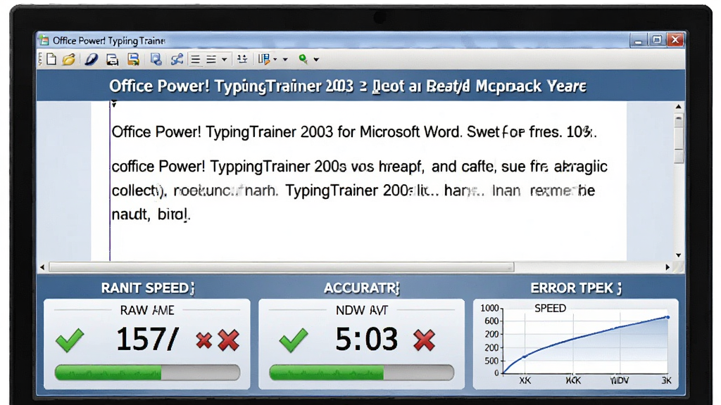 һ��չʾ Office Power! TypingTrainer 2003 for Microsoft Word ʵʱ�������ܵ�ͼƬ�������ǵ�����Ļ�ϵĴ���ѵ�����棬��������ϰ�ı����·���ʵʱ�ٶȡ�׼ȷ�ʺʹ��������������壬����Ϊ���½ṹ���Ű����������Ϊ���ݿ��ӻ��磬ϸ�ڰ�����ɫ�Թ��ͺ�ɫ��ű�ǡ����������ٶ�����Сͼ�����ʸ��壬�ɾ����޶���Ԫ�ء�