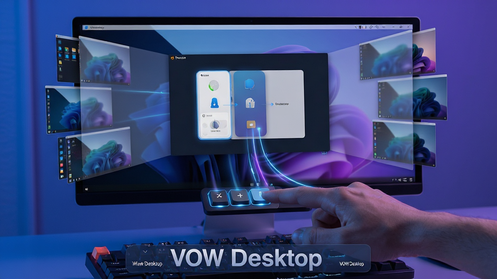һ��չʾ VOW Desktop �����л����ݼ����ܵĳ���ͼ��������һֻ�����ڰ��¼����ϵ���ϼ���������Ļ����ʾ���������л������������������ͼ����Ļ��Ե���룬����ײ��п�ݼ���ʾ����������Ϊ��̬�Ƽ��У���ɫ������ɫΪ����ϸ�ڰ��������������л��켣�ߡ���͸������Ч��������Ϊ���壬�ɾ��޶���Ԫ�أ������д������֡�VOW Desktop����