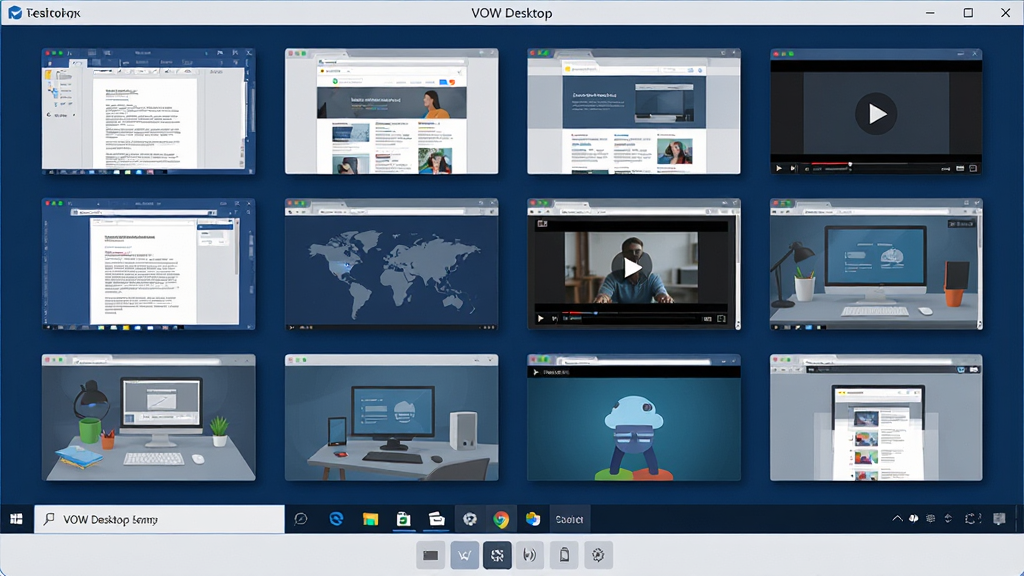 һ��չʾ VOW Desktop ��������������������ȫ��ͼ�����������ǵ�����Ļ����Ļ�Ϸֲ��Ŷ���������е�������������ͼ��ÿ������ͼ��չʾ��ͬ�Ĺ������������ĵ��༭����ҳ�������Ƶ���ŵȣ����������ִ�����ɫ��������ǳ��Ϊ������Ļ�·������������л���ť�����岼���������򣬷��Ϊ�Ƽ��б�ƽ����ƣ�ϸ�ڰ���������Ӱ��ͼ���������͸���л�����Ч��������Ϊ����4K���ɾ��޶���Ԫ�ء�