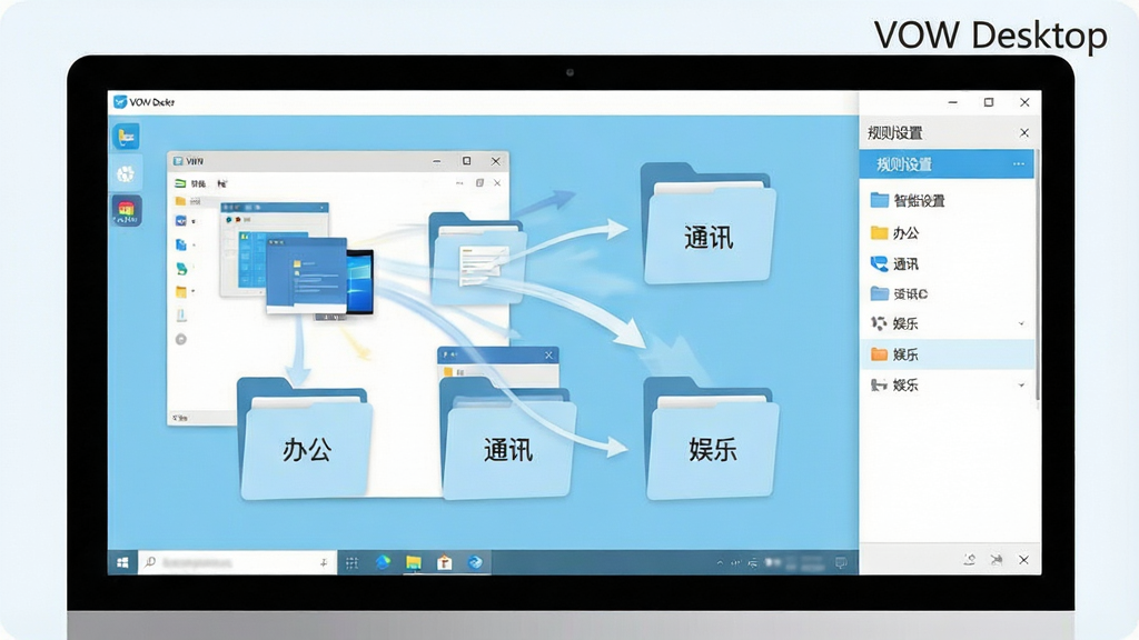һ��չʾ VOW Desktop �������ܹ��๦�ܵĽ���ͼ�������е�����Ļ����ʾ������������Զ����벻ͬ�����������ļ����У�ÿ���ļ����ϱ�����������硰�칫����ͨѶ�������֡��������Ҳ��й���������壬������Ϊ�ִ��칫��ƽ����ƣ���ɫ�԰�ɫ��ǳ��ɫΪ����ϸ�ڰ������ڶ����켣���ļ���ͼ�ꡢ�����ǩ������Ϊ���壬�ɾ��޶���Ԫ�أ������д������֡�VOW Desktop����