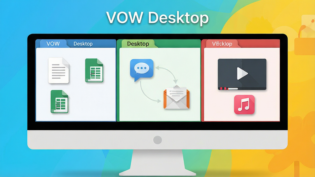 һ��չʾ VOW Desktop ����������������ܵ�ʾ��ͼ��������һ̨������ʾ�����ָ���������ŵ����������������������ʾ�ĵ��ͱ���ͼ�꣬�м�������ʾ������ʼ�ͼ�꣬�Ҳ�������ʾ��Ƶ������ͼ�꣬ÿ�������ò�ͬ��ɫ�ı߿����֣������������ǩ����������Ϊ���¼�Լ�ı�ƽ����ƣ�ϸ�ڰ���������ͼ�ꡢ��͵���Ӱ�������ı���������Ϊ���壬�ɾ��޶���Ԫ�أ������д������֡�VOW Desktop����