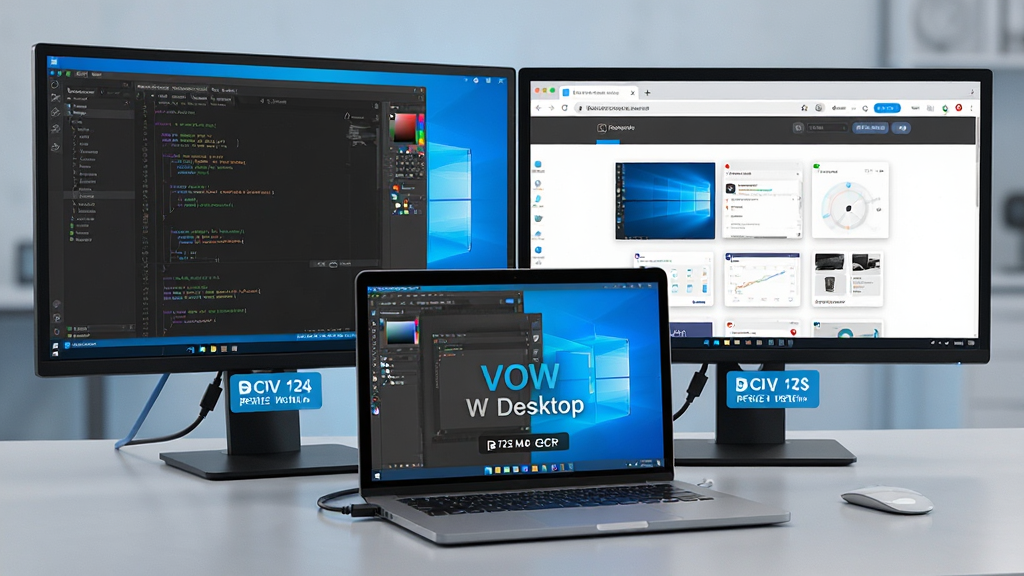 һ��չʾ VOW Desktop ������ֱ������书�ܵĳ���ͼ��������һ̨�ʼǱ������������̨��ʾ����������Ļ�Ϸֱ���ʾ��ͬ�������������ݣ���������༭���������������ҳ���������Ļ�·��зֱ��������ʶ��������Ϊ����Ƽ��磬��ɫ����Һ�����Ϊ����ϸ�ڰ�����Ļ�߿������ߡ������Ľ���Ԫ�أ�����Ϊ���壬�ɾ��޶���Ԫ�أ������д������֡�VOW Desktop����