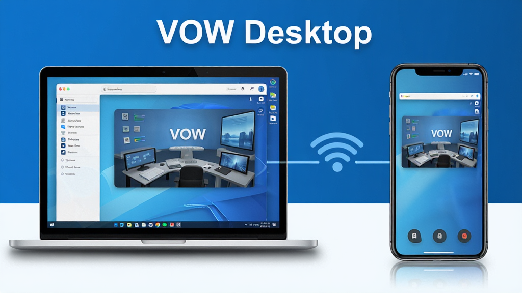 һ��չʾ VOW Desktop �ڵ��Ժ��ƶ��豸��Эͬʹ�õĳ���ͼ�����������һ̨�ʼǱ�������ʾ��������������棬�Ҳ���һ�������ֻ�ͨ��Զ������������ʾ��ͬ���棬�м��������ź�ͼ�����ӣ�������Ϊ�ִ��Ƽ��У���ɫ����ɫ�Ͱ�ɫΪ����ϸ�ڰ�����������Ļ���ݡ������������豸��Ӱ������Ϊ���壬�ɾ��޶���Ԫ�أ������д������֡�VOW Desktop����