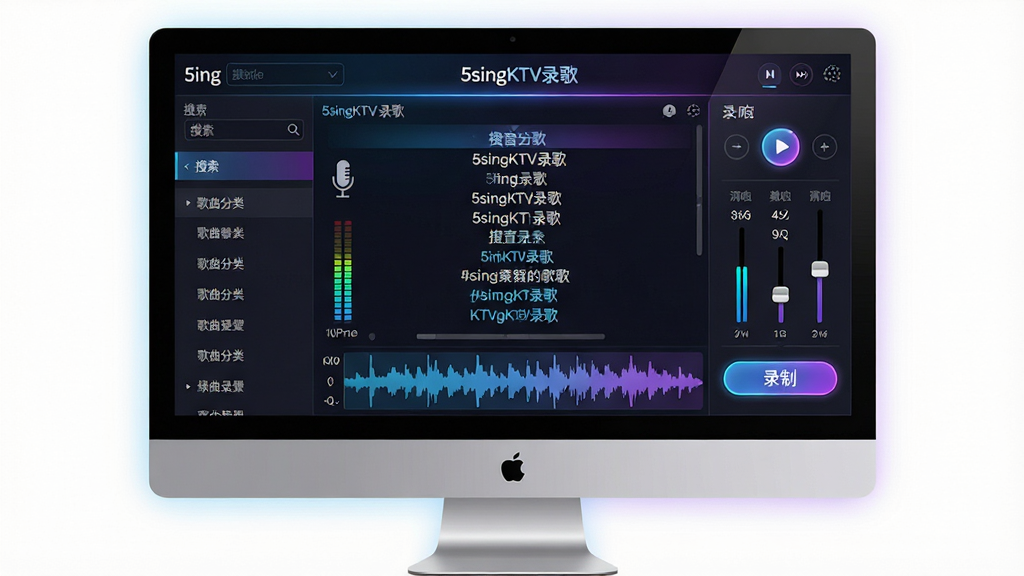 5singKTV录歌软件界面全景展示,主体为电脑屏幕中运行的KTV录音软件主界面,布局左侧为歌曲分类列表与搜索框,中部为歌词滚动显示区与音轨波形图,右侧为录音控制面板与混响调节滑块,整体采用深色主题搭配霓虹蓝紫渐变光效,界面中清晰显示“5singKTV录歌”文字标识,风格为现代科技感UI设计,细节包含麦克风图标、音量电平表、录制按钮高亮状态,画质4K超清,干净无多余元素