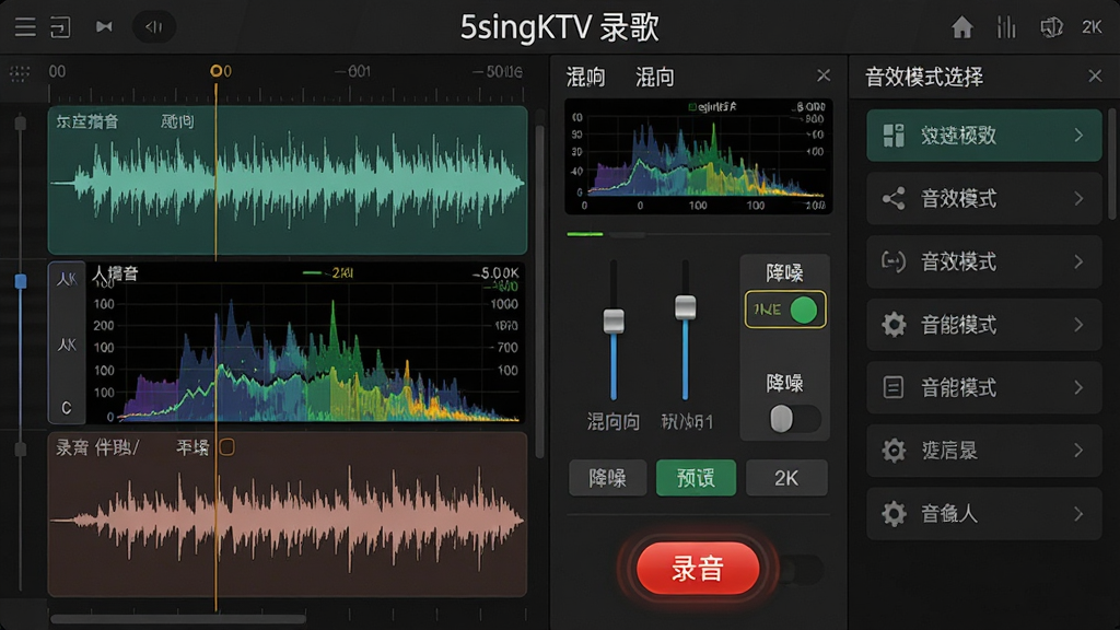 5singKTV录歌核心功能展示图,主体为软件录音编辑界面特写,布局左侧显示波形轨道与人声/伴奏双轨分离状态,中部为混响参数调节面板包含滑块与预设按钮,右侧为音效模式选择列表,界面中标注“5singKTV录歌”品牌字样,风格为专业音频工作站视觉,细节包含频谱分析仪动态效果、降噪开关高亮、录音按钮红色闪烁状态,画质2K高清,干净整洁无杂乱元素