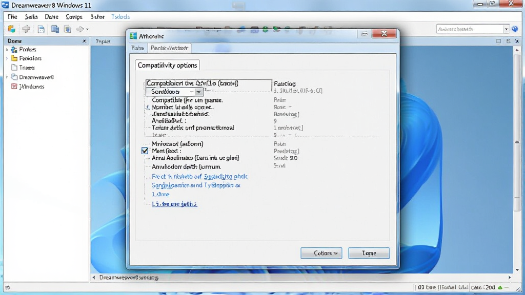 Dreamweaver8 �� Windows 11 �����еļ��������ý��棬��ʾ���Դ����еļ�����ѡ�����ѡ�Լ���ģʽ���к��Թ���Ա�������У�����Ϊǳɫϵͳ���棬���дʵ�������������޶���Ԫ��