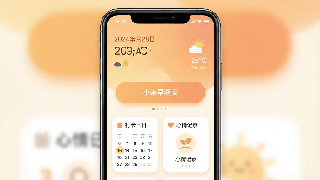 һ�ż�����µ��ֻ�Ӧ�ý����ͼ����������չʾ��С����������Ӧ�������棬����Ϊ��͵�ůɫ�����䣬������ʾ�������������в�����Ŀ�Ĵ򿨰�ť���·������Ŵ������������¼ͼ�꣬���岼�ָɾ����࣬�����ܰ������ϸ�ڰ���Բ�ǿ�Ƭ�������Ӱ���Լͼ�꣬���ʸ��壬�޶���Ԫ�أ�����������������ʾ��С������������