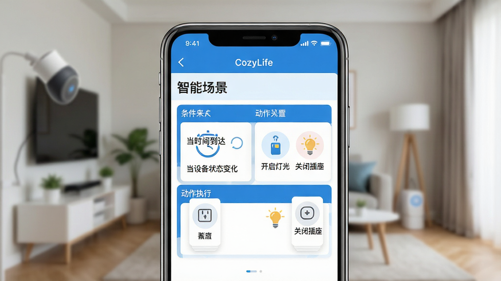 һ��CozyLife�Զ�����������ҳ�����ͼ������չʾ�ֻ���Ļ��CozyLife�ġ����ܳ������༭���棬��������ѡ������Ͷ���ִ�������������С���ʱ�䵽������豸״̬�仯����ѡ��������С������ƹ⡱���رղ�������ͼ�꣬�����߼���������ɫ����ɫ�Ͱ�ɫΪ����������ģ�������ܼҾӻ��������Ƽ�ʵ�ã�ϸ�ڷḻ�����ʸ��壬�ɾ����޶���Ԫ��