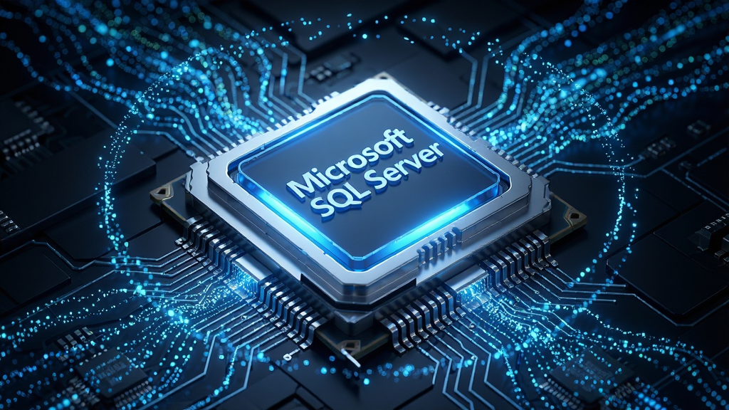 һ��չʾMicrosoft SQL Server��ҵ�����������AI��ͼ������Ϊ�������ɫ���ݿ����оƬ����Χ�����Ÿ�������������������������Ϊ���ĶԳƹ�ͼ���Ű���оƬλ�ڻ��������룬���Ϊδ���Ƽ����ϸ�ڰ���оƬ�������