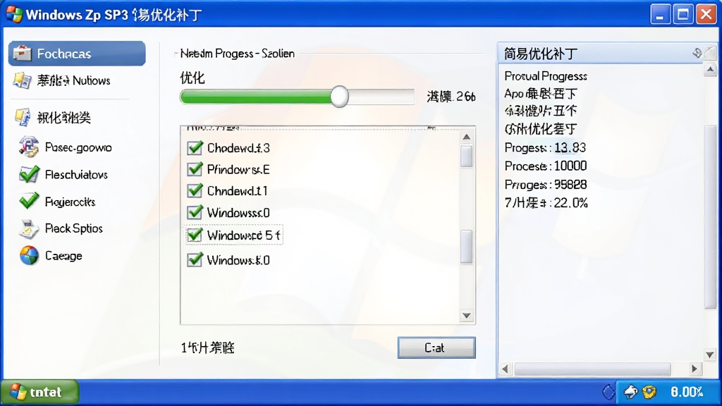 Windows XP SP3 �����Ż����� ���������ͼ������Ϊ������ɫWindows XP��񴰿ڣ�����������ʾ�Ż��������빴ѡ�б����Ű����Ϊ���ܵ������Ҳ�Ϊ������������ิ�ţ�ϸ�ڰ���ϵͳͼ�ꡢ��ɫ�Թ���ǡ����Ȱٷֱ����֣����������ɾ��޶���Ԫ��