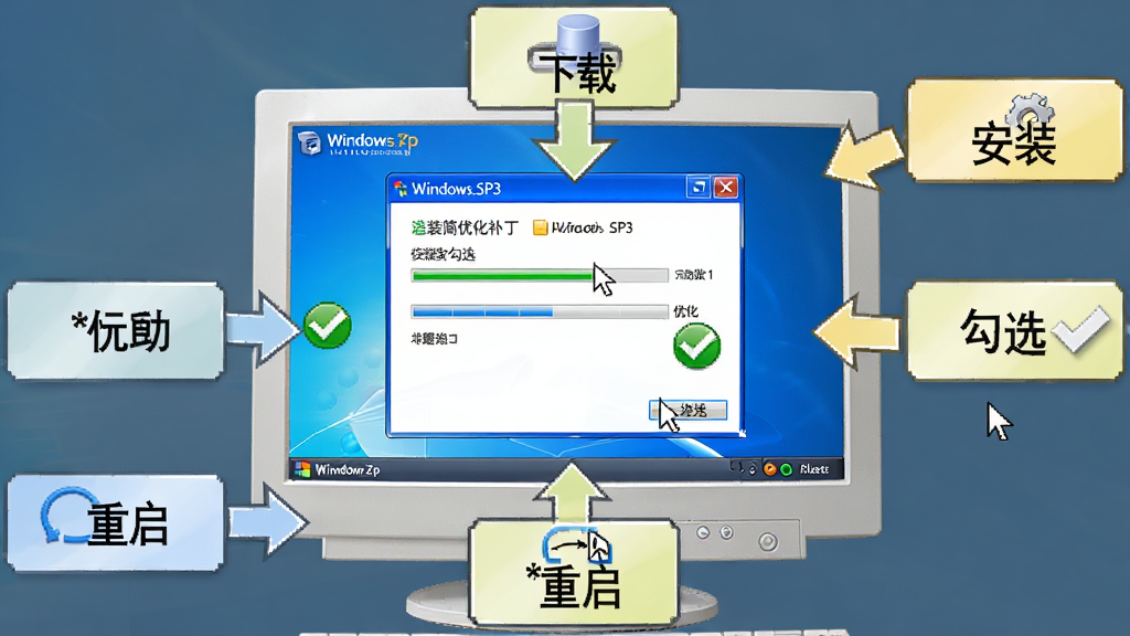 Windows XP SP3 �����Ż����� ��������ʾ��ͼ������Ϊ������Ļ��ʾ�Ż��������棬��������Ϊ����������Χ���Ʋ����ͷ���Ű���ϵ�������Ϊ���ء���װ����ѡ���Ż������������̳�ͼ�⣬ϸ�ڰ������ָ�롢����������ɫ��ɱ�ǣ����������ɾ��޶���Ԫ��