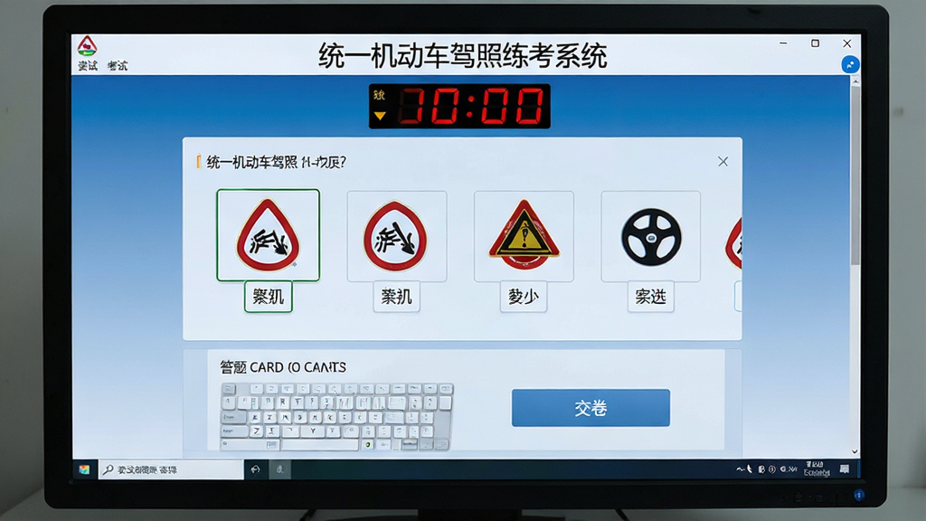 一张展示“统一机动车驾照练考系统”模拟考试界面的图片,画面主体为电脑屏幕显示的考试答题界面,顶部有倒计时读秒,中间是交通标志选择题,底部有答题卡和交卷按钮,布局工整,风格写实,画质清晰,无多余元素