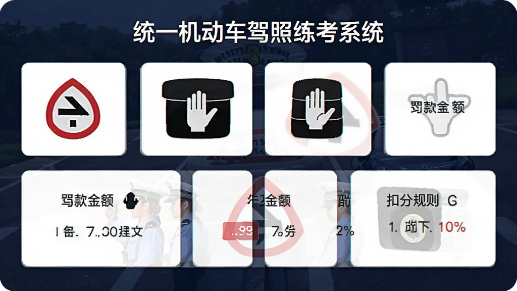一张展示“统一机动车驾照练考系统”专项练习选择菜单的图片,画面中有交通标志、交警手势、罚款金额、扣分规则等多个分类按钮,界面采用卡片式布局,风格现代简洁,画质清晰,无多余元素