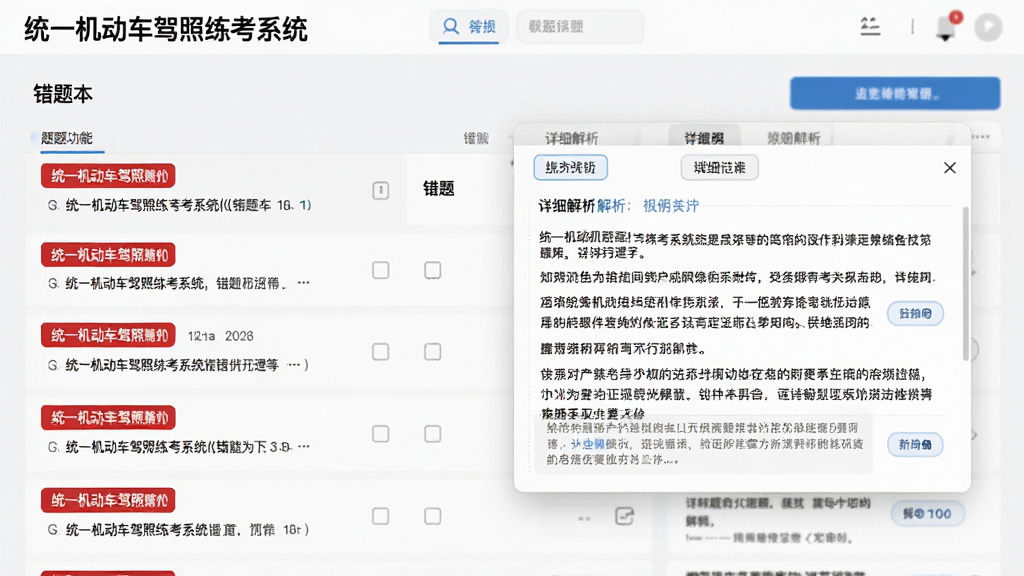 一张展示“统一机动车驾照练考系统”错题本功能的界面截图,画面中显示错题列表和详细解析弹窗,错题用红色标记,解析区域有文字说明,界面布局清晰,风格简洁,画质高清,无多余元素