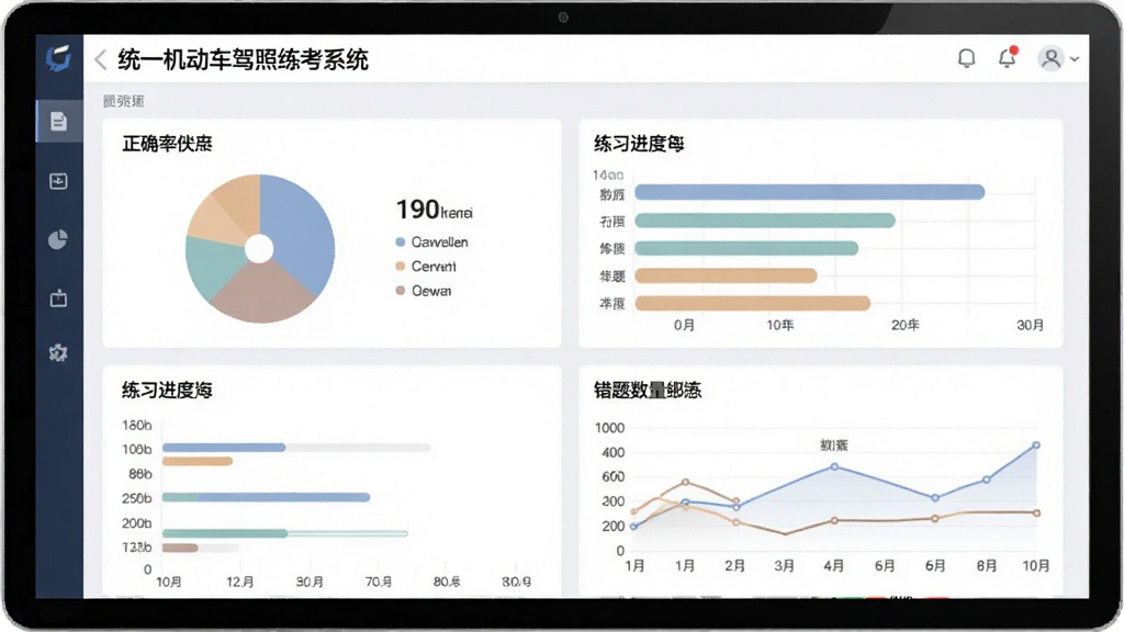 一张展示“统一机动车驾照练考系统”学习数据统计页面的图片,画面中有正确率饼图、练习进度条形图和错题数量折线图,图表颜色柔和,界面布局清晰,风格商务简约,画质高清,无多余元素