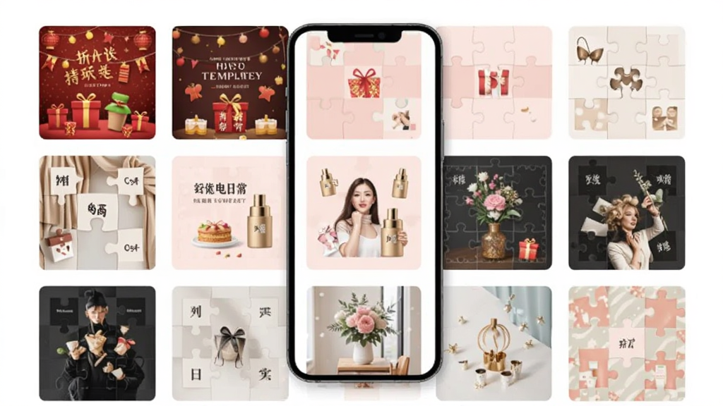 简单秀秀软件界面中展示多款拼图模板,画面以网格形式排列不同风格的模板缩略图,包含节日、电商、日常等主题,手机屏幕居中,背景干净明亮,风格现代简约,画质清晰,无多余元素
