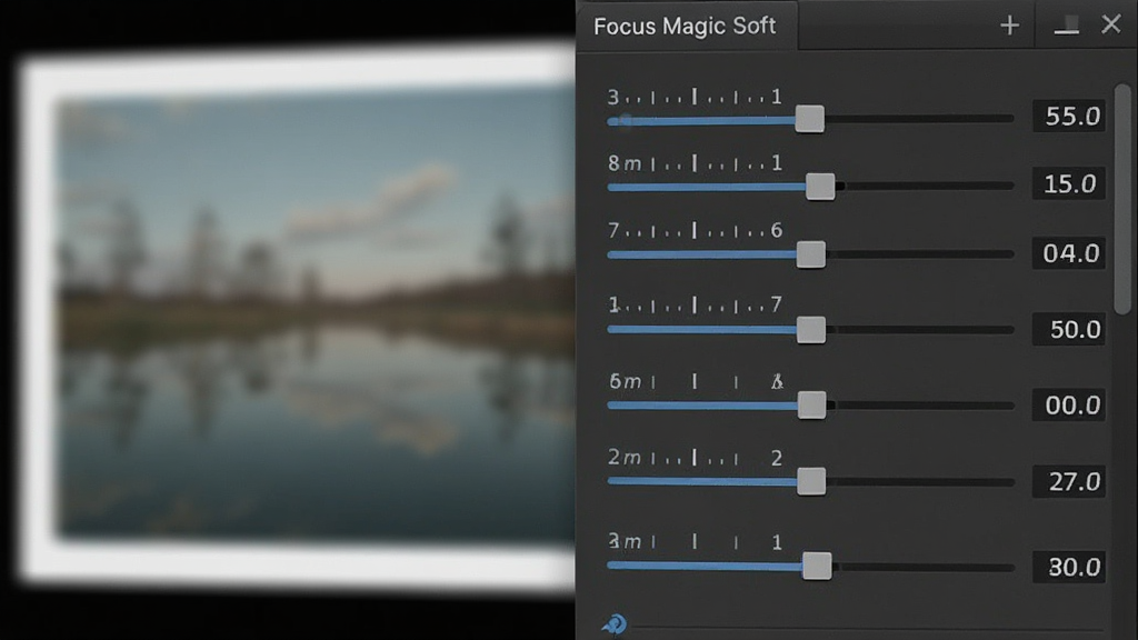 一张展示 Focus Magic 软件参数调节面板的图片,画面聚焦于软件界面右侧的滑块和数值输入框,背景是模糊的照片预览。主体为参数调节界面,布局采用特写镜头,风格为专业软件操作指南,细节包括清晰的滑块刻度和数值显示,画质锐利干净,无多余元素。