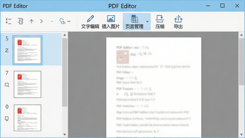 һ�Ÿɾ��������������Ԥ��ͼ������������PDF Editor�����������ڣ������ʾ�ĵ�����ͼ�б����Ҳ�Ϊ�༭���򣬶��������������ɼ������ֱ༭��������ͼƬ����ҳ���������ѹ�������������Ȱ�ť�����������ִ�����ɫ�԰�ɫ��ǳ��ɫΪ�������岼�ֹ�����ϸ�����������ʸ��壬�޶���Ԫ�أ������������������ֱ�עΪ��PDF Editor��
