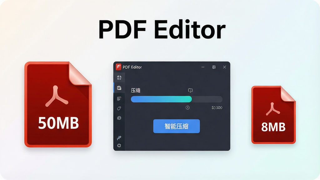 һ��չʾPDF Editorѹ�����ܵ�ʾ��ͼ�����������һ������ϴ��PDF�ļ�ͼ�꣬��ע��50MB�����м���PDF Editor���������ϵ�ѹ���������͡�����ѹ������ť���Ҳ���һ�������С��PDF�ļ�ͼ�꣬��ע��8MB��������Ϊǳɫ���䣬���������¼�࣬���ʸ��壬���������֡�PDF Editor�������ɼ����޶���Ԫ��