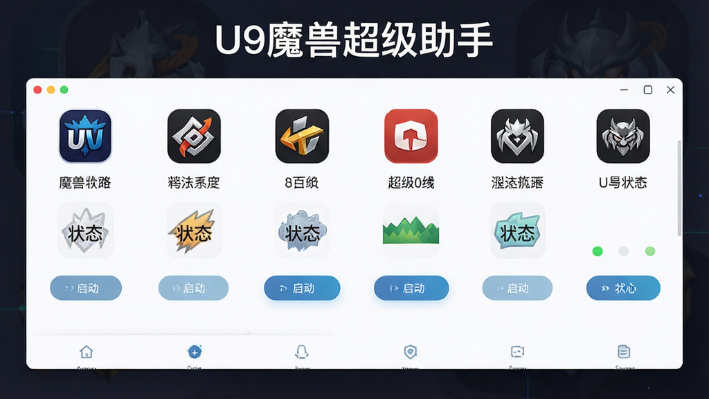一张功能展示图,主体是对战平台集成界面,布局为平台图标横向排列,排版为图标加文字说明,风格为简约商务风,细节包含多个对战平台图标、启动按钮和状态指示,画面中文字标注