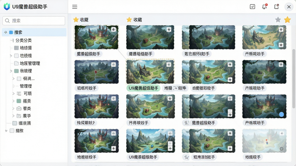 一张功能展示图,主体是地图管理界面,布局为左侧分类树加右侧地图缩略图网格,排版整齐有序,风格为清新浅色系,细节包含地图缩略图、搜索框、收藏星星图标和分类标签,画面中文字标注