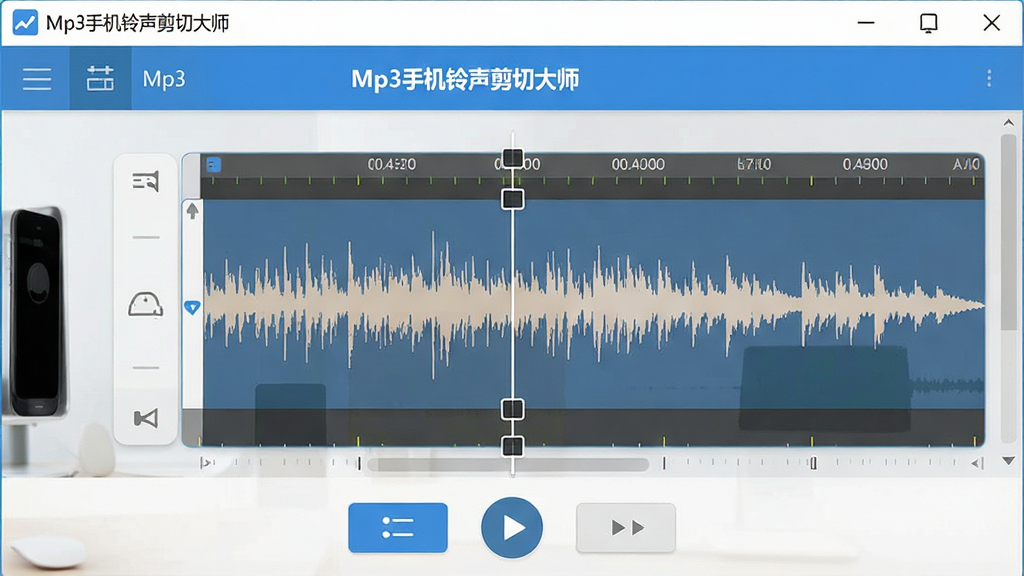 一张干净整洁的软件界面展示图,画面中央是“Mp3手机铃声剪切大师”的软件主界面,主体为手机屏幕中的音频波形编辑区域,布局为上方标题栏、中部波形轨道、下方功能按钮,排版简洁清晰,风格为现代扁平化科技风,细节包含音频波形、时间刻度、裁剪标记、播放按钮,画质高清,画面干净,无多余元素