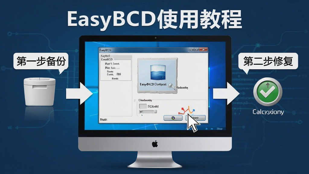 EasyBCDʹ�ý̳̲���ʾ��ͼ������Ϊ������Ļ����ʾ��EasyBCD�����������棬����չʾ�ӱ��ݵ��޸������̼�ͷָ�����Ű����������Ϊ��ѧ��ʾͼ��ϸ�ڰ�������һ�����ݡ������ڶ����޸������ֱ�ǩ�����ָ�룬���ʸ��壬�ɾ����޶���Ԫ��