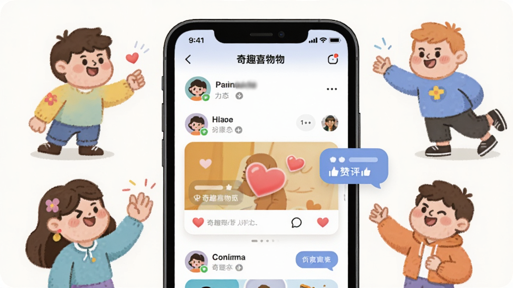��������Ϊ�ֻ���Ļ��ʾ��Ȥϲ������ҳ�棬ҳ�������û�ͷ�񡢶�̬��Ƭ�����ް��ĺ��������ݡ��ֻ���Χ�п�ͨ���������ڻ���������Ϊ���½ṹ�����Ϊ�罻Ӧ��UI�廭��ϸ�������������������ɾ��޶���Ԫ�أ�ͼƬ�����ֱ�ע����Ȥϲ���